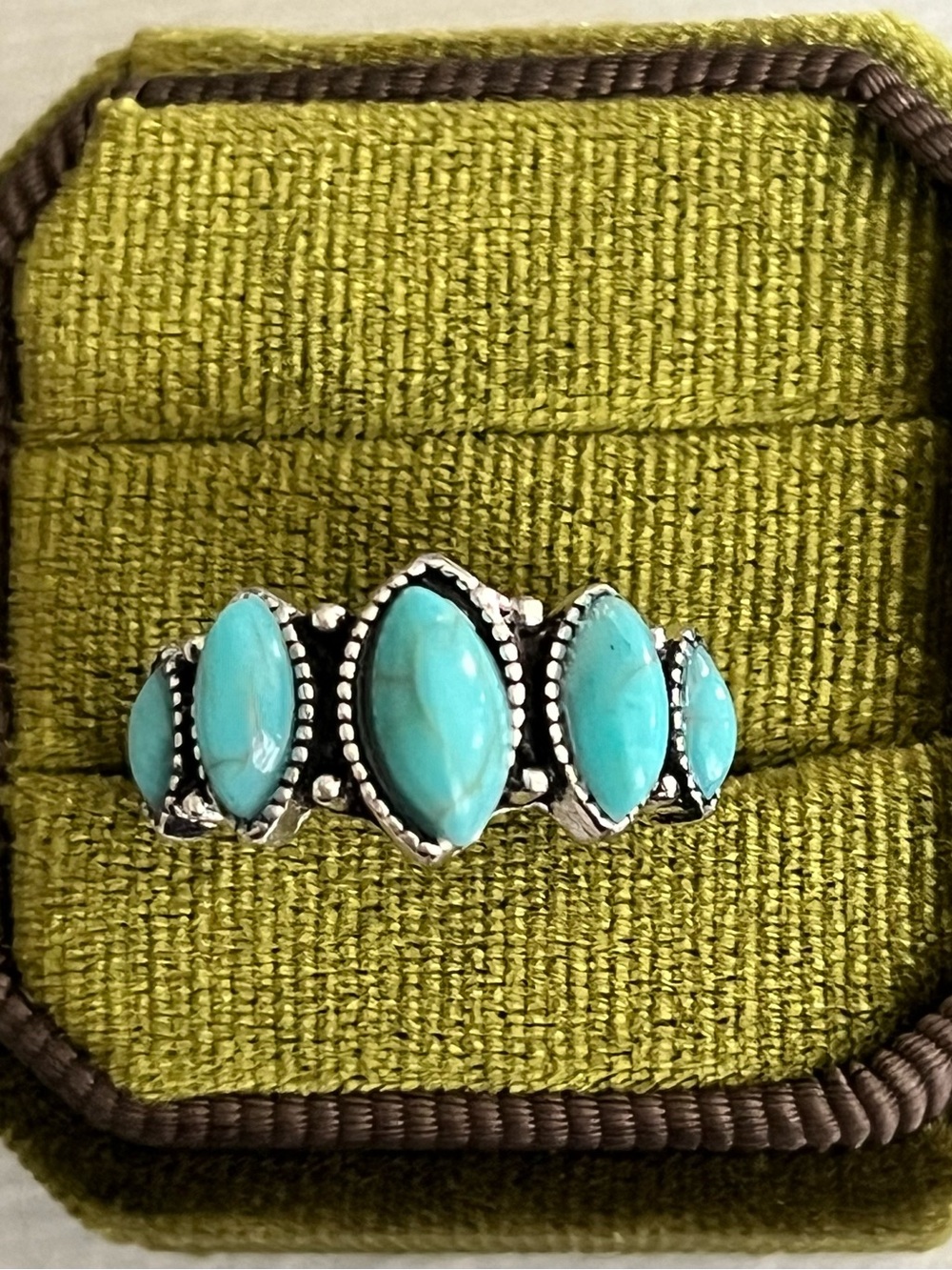 Boho/Chic Blue Turquoise Cluster DesignStainless Steel Silver Statement Ring S 6